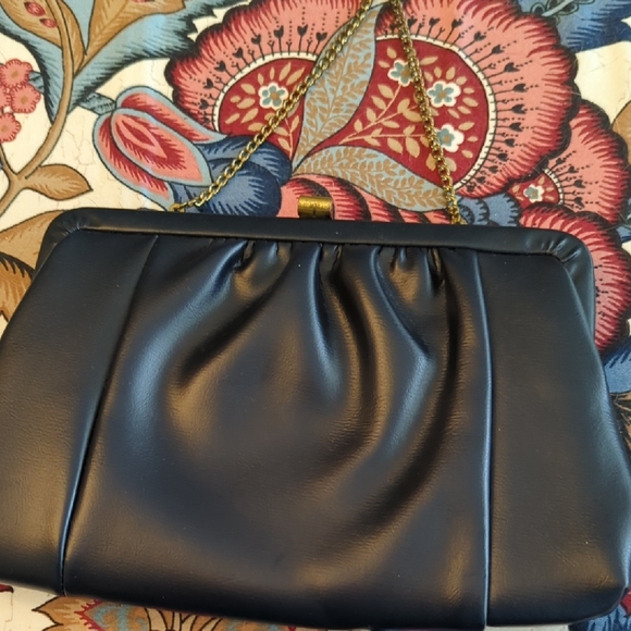 Vintage Handbags - Vintage Black Leather Clutch with Gold Chain